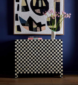Bone Inlay 4-Drawer Checkerboard Commode in Black - Fenton & Fenton