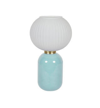 A modern table lamp featuring a glossy light blue ceramic base and a ribbed, frosted white glass globe shade, separated by a thin gold metal collar, set against a plain white background.
