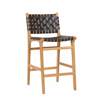 Leather Strapping Bar Stool with Back in Teak & Black - Fenton & Fenton