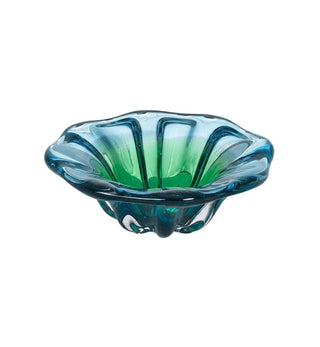 A small fluted glass bowl with a scalloped rim, featuring a gradient color transition from vibrant green in the center to translucent blue at the edges, set against a plain white background.