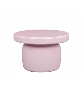 A minimalist, glossy light pink side table with a round top and a cylindrical pedestal base, shown against a plain white background.