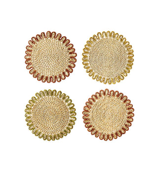 Four round woven placemats arranged in a 2x2 grid on a white background. Each placemat has a natural straw center with a scalloped braided border in different color combinations: brown and rust, gold and bronze, olive green and bronze, and olive green and brown.