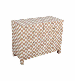 Bone Inlay 4-Drawer Checkerboard Commode in Almond - Fenton & Fenton